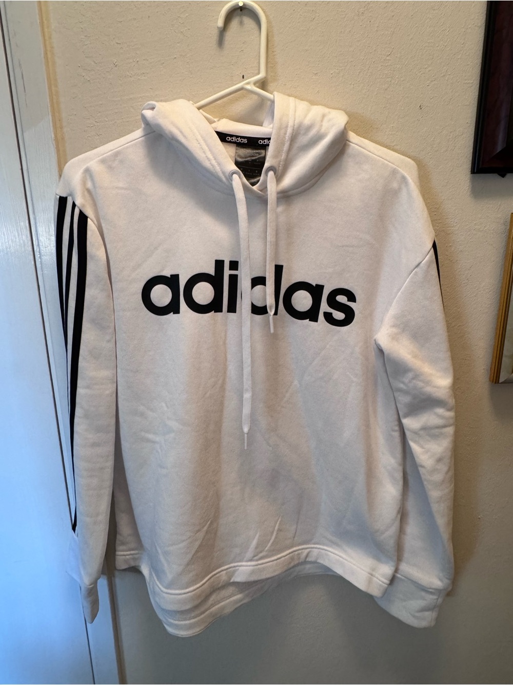 adidas White Hoodie with Black Logo and Stripes